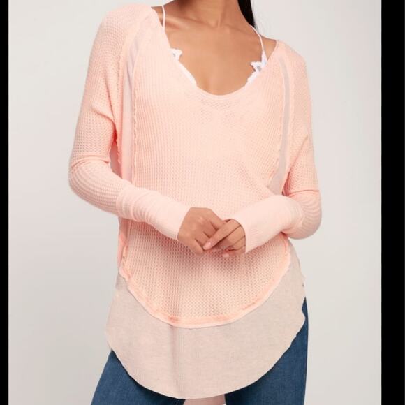 Free people We the Free Light peach Catalina waffle knit rounded hem top S Small - Picture 1 of 4
